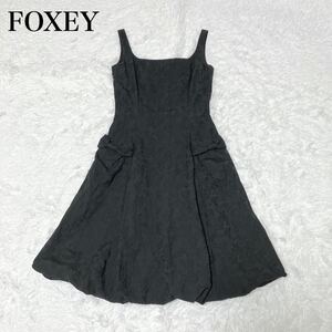 FOXEY フォクシー　ワンピース　ドレス　ショルダー　ノースリーブ　リボン　刺繍　花柄　ジャガード　Aライン　バルーン　フラワー　38