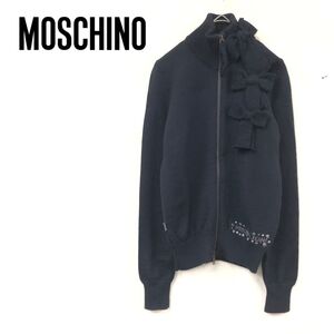 1D2271-K◆イタリア製 MOSCHINO JEANS モスキーノジーンズ 長袖ジップアップニットトップス◆ブラック リボンモチーフ スタッズ レディース