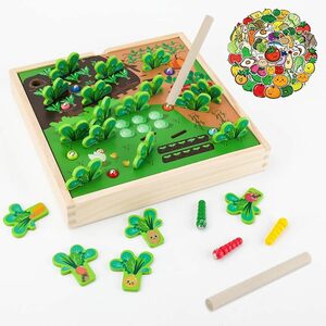 FlyCreat 木製おもちゃ モンテッソーリ おもちゃ 形合わせおもちゃ - 農場野菜抜き・磁石虫捕りゲーム 野菜・カラー認識 