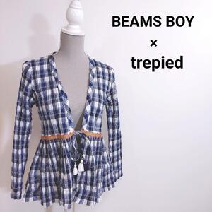 BEAMS BOY別注 trepied ラメ混チェック柄カーディガン風トップス サイズ表記なし ややストレッチ 青ネイビー白シルバー インド製トレピエ