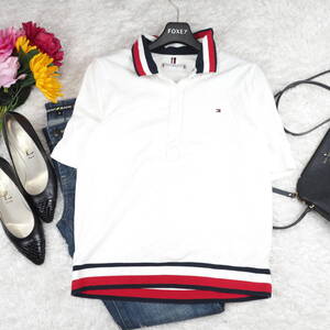 Y8996*TOMMY HILFIGER トミーヒルフィガー☆ワンポイント☆半袖☆ポロシャツ☆白ホワイト☆トリコロール☆S