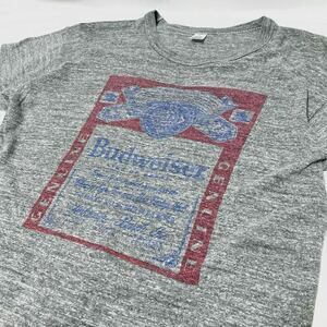 70s 80s USA vintage Budweiser Bud Beer Heather Grey バドワイザー バド ビア 染み込み プリント Tシャツ L 企業 ロゴ ヴィンテージ