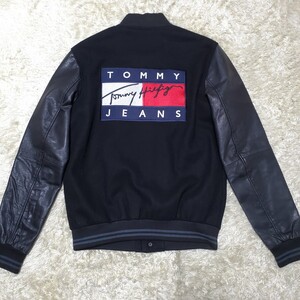 美品　TOMMY JEANS　スタジャン　レザー　山羊革　ウール　ロゴ刺繍　S