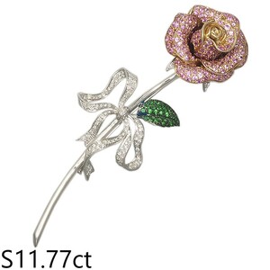 音羽屋■ サファイア/11.77ct ダイヤ/1.23ct ガーネット/1.24ct K18WG 薔薇モチーフ ブローチ 鑑別書付き 仕上済【中古】