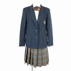 1円 ブレザー チェックスカート リボン 上下4点セット 大きいサイズ 冬物 女子 学生服 中学 高校 紺 制服 中古 ランクC EY8336