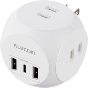 送料無料★エレコム 電源タップ 球体型 USB付き AC×3 Type-C×1 USB-A×2 20W USB PD対応 スイングプラグ ホワイト ECT-34WH