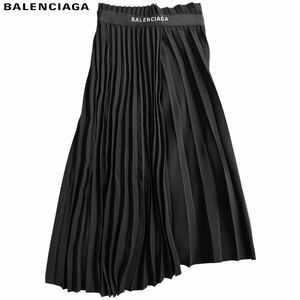 極美品 BALENCIAGA バレンシアガ Fancy Pleats Skirt ファンシー プリーツ スカート ロゴ アシンメトリー 34サイズ 黒 ブラック 