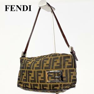 １円 FENDI フェンディ ショルダーバッグ ワンショルダー 肩掛け ズッカ柄 FFロゴ ブラウン 茶系 マンマバケット キャンバス レザー 