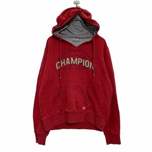 Champion ロゴ スウェット パーカー 16 XL～ レディース レッド チャンピオン Vネック 裏起毛 プルオーバー 古着卸 アメリカ仕入 a602-6292