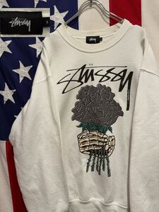 ★stussy★ステューシー★スウェット★トレーナー★オールドロゴ★薔薇★バラ★スカル★ホワイト★実寸XL相当★