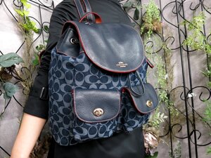 ●超美品●新品同様●COACH コーチ●シグネチャー●F37589●デニム カーフ レザー 本革●リュックサック●ネイビー 赤●G金具●A4●Js53708