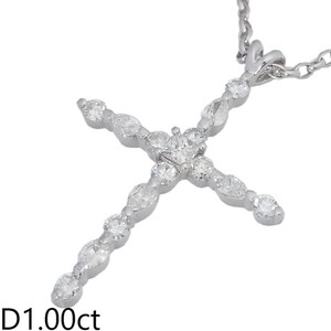 音羽屋■ ダイヤモンド/1.00ct K18WG ホワイトゴールド クロス デザイン ネックレス 仕上済【中古】