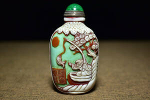 ▽鴻▽ 琉璃製 細密彫 垂釣紋 鼻煙壺 置物 古賞物 中国古玩 中国古美術