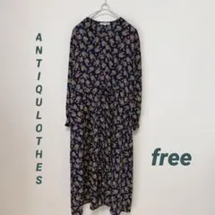 ANTIQULOTHES ネイビー 小花 長袖 ロングワンピース free