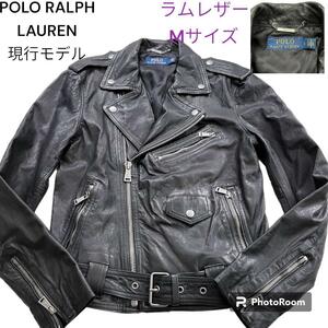 【美品】POLO RALPH LAUREN ポロラルフローレン ラムレザー ダブルライダースジャケット レディース M 黒 チェーンロゴ ベルト バイカー