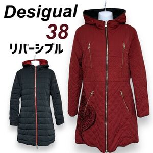 Desigual デシグアル レディース 中綿リバーシブルコート 38 ジャケット パーカー フード 刺繍 キルティング レッド×プラック系 (L22)★