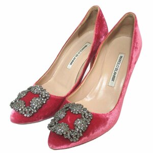 美品 MANOLO BLAHNIK マノロブラニク ハンギシ ビジュー装飾 ポインテッドトゥ ベロア ハイヒール パンプス size36 23cm フューシャピンク