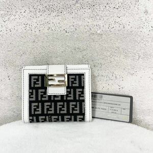 【贅沢品の極み】FENDI フェンディ　折り財布 カードケース　コインケース　ズッカ柄　キャンバス　レザー 本革　ブラック　ホワイト