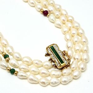 豪華!◆K14天然エメラルド/天然ダイヤモンド/本真珠ネックレス◆A 約27.5g 約70.5cm pearl パール jewelry necklace ジュエリーEC0/EC0-EB5