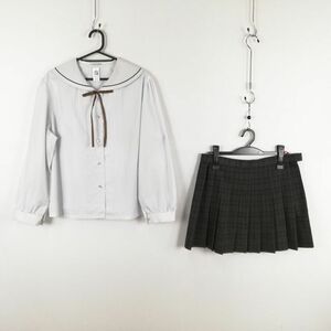 1円 セーラー服 マイクロミニスカート 紐タイ 上下3点セット 大きいサイズ 特大 夏物 茶1本線 女子 中学 高校 白 中古 ランクC NA9566