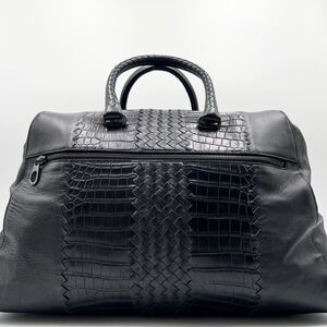 定価400万!!! 極美品!!! BOTTEGA VENETA ボッテガヴェネタ クロコダイル ボストンバッグ トート メンズ ビジネス 大容量 編み込み ブラック