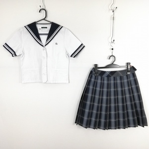 1円 セーラー服 チェックスカート 上下2点セット 150A 夏物 白2本線 女子 学生服 広島呉宮原高校 白 制服 中古 ランクC NA1795