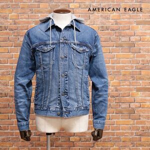 AMERICAN EAGLE/XSサイズ/デニムブルゾン 0106-1537 伸縮性◎ ウォッシュ ダメージ フード レイヤード 新品/青/ブルー/jb173/