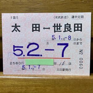 東武鉄道／太田-世良田　常備　通学定期券　１ヵ月 （裏面無効印押印あり）平成５年／太田駅発行