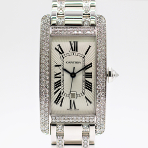 【カルティエ】 腕時計　タンクアメリカンMM　K18WG　ダイヤベゼル　ブレスダイヤ　自動巻き　中古品