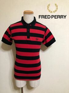 【良品】 FRED PERRY フレッドペリー ボーダー 鹿の子 ポロシャツ トップス 半袖 サイズ38 赤 黒 ヒットユニオン M5125N