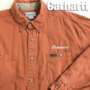 ★大きいサイズ!!★正規品★【人気!!carhartt カーハート】刺繍ロゴ入り ボタンダウン 長袖 ワークシャツ【XL】レンガ色 アウトドア K2-635