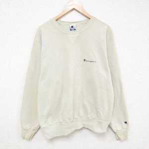 L/古着 チャンピオン Champion 長袖 スウェット メンズ 90s ワンポイントロゴ クルーネック ベージュ カーキ 24dec19 中古 スエット トレー