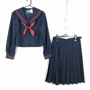 1円 セーラー服 スカート スカーフ 上下3点セット 170A 大きいサイズ 冬物 赤2本線 女子 学生服 中学 高校 紺 制服 中古 ランクC NA1798