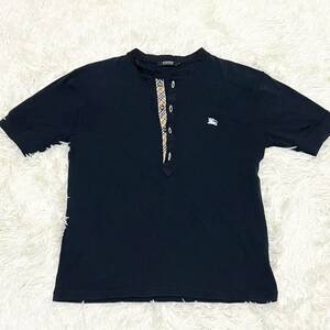 バーバリーブラックレーベル BURBERRY BLACK LABEL Tシャツ　半袖　ヘンリーネック　黒　ノバチェック　ホースロゴ　サイズ2（M）