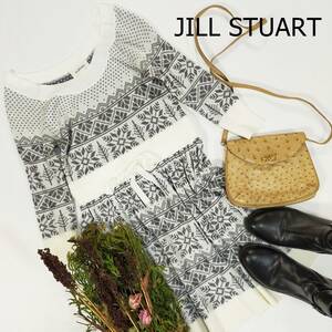 ジルスチュアート JILL STUART ニットワンピース サイズS グレー ホワイト ノルディック柄 日本製 ひざ丈 ストレッチ 丸首 長袖 1990