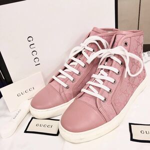 美品【グッチ】本物 GUCCI 靴 24cm スニーカー GG柄 ハイカットシューズ シューズ 426186 レザー×キャンバス レディース 伊製 37 箱有り