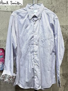 極美品 ポールスミス 長袖シャツ カフス裏花柄 ストライプ L メンズ パープル PAUL SMITH