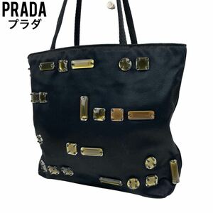 良品　PRADA プラダ　ハンドバッグ　ビーズ　ビジュー　サテン　ブラック　黒　トートバッグ　ショルダーバッグ　白タグ　手提げ