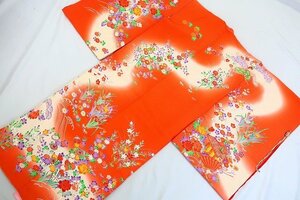 【着物フィ】1円 未使用品 子供 女の子 着物 襦袢 二点セット 3～5歳向け 身丈110cm 朱色 七五三 吉祥花 正絹 17186