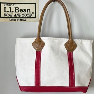 ★並品【完売品 廃盤 希少 USA製】名作 L.L.Bean LLビーン レザー ハンドル ボート アンドトート 2 レッド系 キャンバス トートバッグ USED