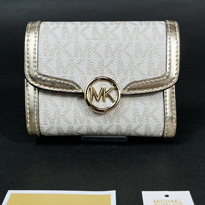 【マイケルコース 本物 新品 USA 正規品】MICHAEL KORS ミディアム メタリック シグネチャー ロゴ 財布 三つ折り財布 ゴールド レディース