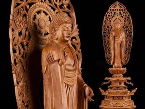 【流】仏教美術 白檀彫刻阿弥陀如来像 高44cm 箱付 KV456
