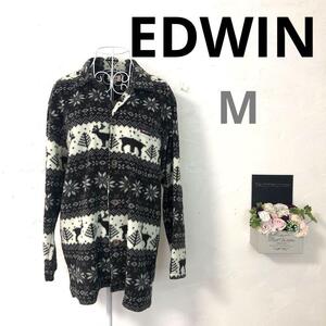 【美品A】EDWIN トップス フリース 長袖 総柄 M メンズ ブラック 肌触りが良い、胸ポケット、暖かい素材 平置き採寸あり