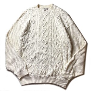 冬の名作! 90s USA製 Comfort Knits ヴィンテージ フィッシャーマン アラン 模様 コットン ニット ベージュ ナチュラル M メンズ 古着 希少