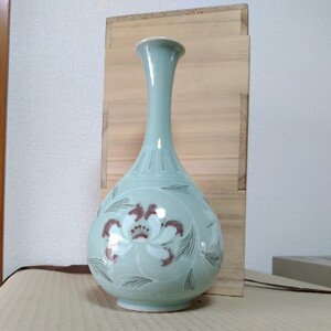 石峰作　酒瓶　高麗青磁　 陶器 　韓国青磁　花瓶　水差し 　花器　一輪挿し　美術品　美品　1981　韓国工芸　朝鮮　0430-C3-TA7　