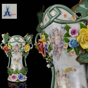 - 【寧】西洋美術 マイセン Meissen 金彩 色絵 花瓶 豪華 草花装飾 天使図 細密細工 花生 花器 元箱 フラワーベース 【7a1116y23】