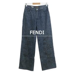 美品 FENDI フェンディ W27 リーフ フラワー装飾 ジッパーフライ ストレート デニムパンツ ジーンズ インディゴ 紺