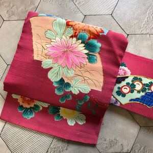 アンティーク　名古屋帯 金駒刺繍 花 縮緬　ピンク 着物　昭和レトロ　大正ロマン モダン 和洋折衷コーデ　リメイク　絹 正絹100% き25-13w