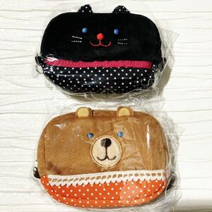 【新品タグ付】くま ねこ ポーチ 中綿入り クマ ネコ　　ドット柄〈新品 未使用〉 多目的ポーチ 化粧ポーチ ST_D5 2点セット