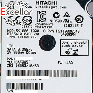 【中古】HITACHI ノート用HDD 2.5inch HTS541010A9E680 1TB 4000～5000時間以内 [管理:1050023212]